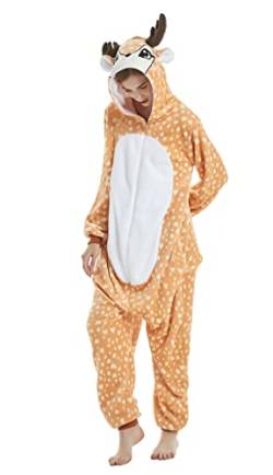 Pyjama Jumpsuit Erwachsene Onesies Tier kostüm Kigurumi Karneval Halloween Schlafanzug Party Show Weihnachten Cosplay Unterwäsche für Unisex Damen Herren (L, Hirsch) von Ovender