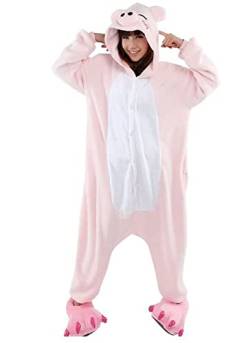 Pyjama Jumpsuit Erwachsene Onesies Tier kostüm Kigurumi Karneval Halloween Schlafanzug Party Show Weihnachten Cosplay Unterwäsche für Unisex Damen Herren (M, Schwein Rosa Weiß) von Ovender