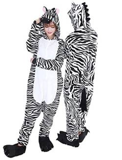 Pyjama Jumpsuit Erwachsene Onesies Tier kostüm Kigurumi Karneval Halloween Schlafanzug Party Show Weihnachten Cosplay Unterwäsche für Unisex Damen Herren (XL, Zebra mit Handschuhen) von Ovender