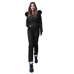 OverDose Damen Einteiliger Jumpsuit Langer Skioverall Winter Warme Schnee Skifahren Sätze Outdoor Overall mit Kapuze Reißverschluss Skianzüge wasserdicht Schneeanzug (B-Schwarz,M) von OverDose Boutique