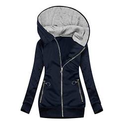 OverDose Damen mit Kapuze Jacke Outwear Reißverschluss Tops Mantel Lockere Freizeit Oberteile Lockere Coat Herbst und Winter Hoodie Mode Kapuzenjacke Spleißen Sweatshirts(A-Marine,XL) von OverDose Boutique