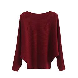 Overdose Damen Strickshirt Boat Neck Pulli Einfarbig Pullover Fledermaus Ärmel Oberteile Temperament Tops Mode Strickpullover Casual Bluse Lockere Sweater(Wein,Einheitsgröße) von OverDose Boutique