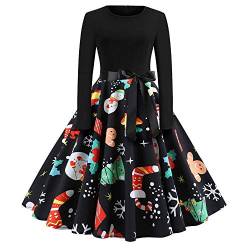 OverDose Damen Frohe Weihnachten Stil Frauen Vintage Print Langarm Weihnachten Abend Party Cosplay Elegante Slim Swing Kleid Geschenk（A-C-Schwarz，M） von OverDose Damen