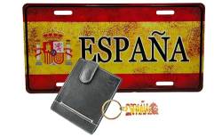 Geldbörse aus Leder mit Geldbörse, Brieftasche und Kartenfach, inklusive Schlüsselanhänger und Armband in den Farben der spanischen Flagge von Overcast