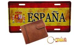 Geldbörse aus Leder mit Geldbörse, Brieftasche und Kartenfach, inklusive Schlüsselanhänger und Armband in den Farben der spanischen Flagge von Overcast