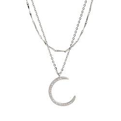 OwKay Kristall-Herz-Halskette, 925er Silber, glänzende Mond-Stern-Halskette für Frauen, doppellagige Halskette, Halsreif, täglicher Party-Schmuck, für Frauen/Stern von OwKay