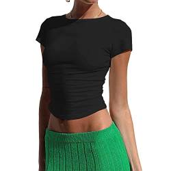 Damen Basic Fitted Short Sleeve T-Shirt Solid Skinny Crewneck Tee Shirt Y2k Tight Slim Crop Top 90s Summer Streetwear (01-Schwarz, M) von Owegvia