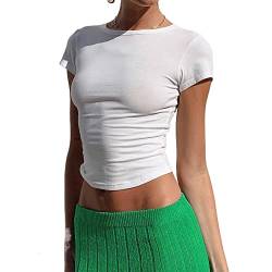 Damen Basic Fitted Short Sleeve T-Shirt Solid Skinny Crewneck Tee Shirt Y2k Tight Slim Crop Top 90s Summer Streetwear (01-Weiß, S) von Owegvia