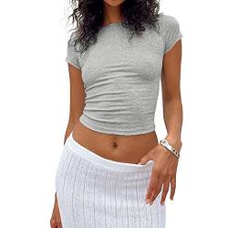 Damen Basic Fitted Short Sleeve T-Shirt Solid Skinny Crewneck Tee Shirt Y2k Tight Slim Crop Top 90s Summer Streetwear (Grau, L) von Owegvia