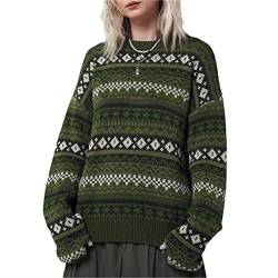 Damen Grunge Strickpullover Y2k Vintage Print Übergröße Pullover Sweater Langarm Harajuku Lose Pullover Strickwaren Streetwear (Grün, Einheitsgröße) von Owegvia