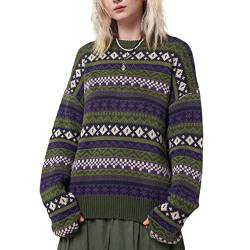 Damen Grunge Strickpullover Y2k Vintage Print Übergröße Pullover Sweater Langarm Harajuku Lose Pullover Strickwaren Streetwear (Violett, Einheitsgröße) von Owegvia