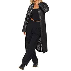 Damen Kunstleder Langer Trenchcoat Offene Vorderseite Umlegekragen Langarm Jacke Vintage Oversized Pu Leder Mantel (Schwarz , L ) von Owegvia