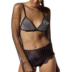 Damen Langarm Sexy Mesh Top Glitter Rhinestone Hollow Out See Through Shirt Cover Ups Rundhals Glänzend Corchet Fishnet Crop Top Club (Schwarz, L) von Owegvia