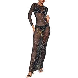 Damen See Through Birne Bikini Cover Ups Kleid Sheer Mesh Langarm Skinny Langes Strandkleid Sexy Perspektive Cover Up (01-Schwarz, XL) von Owegvia