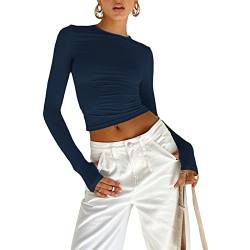 Damen Sexy Slim Fit Langarm T-Shirt Rundhalsausschnitt Plissiert Gerüscht Crop Top Texturiert Skinny Basic Pullover Shirts Y2k Streetwear (01-Blau, S) von Owegvia