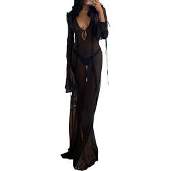 Damen Strand Durchsichtiges Netz-Bikini Cover Ups Kleid Rüschen Trim V-Ausschnitt Tie Up See Through Langes Kleid Sexy Schlitz Kleid Sommer Party, Schwarz , L von Owegvia