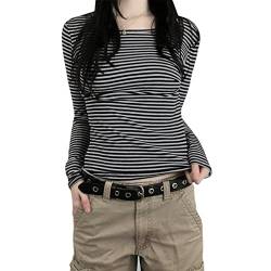 Damen Vintage Grafik Druck Langarm Crop Top Knopfverschluss Cropped Tops 90er Jahre E-Girl T-Shirts Grunge-Kleidung (schwarz weiß, s) von Owegvia