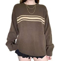 Damen Vintage Y2k Pullover Langarm Rundhalsausschnitt Sternmuster gestrickt Pullover Top Ästhetische Harajuku Oversized Strickpullover (Braun, S) von Owegvia