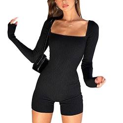 Damen Y2k Gerippter Strick Bodycon Kurzer Overall Quadratischer Ausschnitt Langarm Slim Body Skinny Einteiler Strampler Playsuit Club, Schwarz , 32 von Owegvia