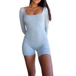 Damen Y2k Rippenstrick Bodycon Short Jumpsuit Quadratischer Hals Langarm Slim Bodysuit Skinny One Piece Romper Playsuit Club (Grau , L ) von Owegvia