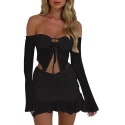 Owegvia 2 Piece Skirt Set For Women Sexy Y2K Off Shoulder Ruffle Mesh Lace Long Sleeve Crop Top Mini Skirt Set Beachwear (black, S) von Owegvia