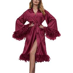 Owegvia Damen Flauschige Feder Bademantel Nachtwäsche Dessous V-Ausschnitt Lace Up Strickjacke Kimono Robe Cover Ups Braut Bademantel Nachthemd (Weinrot, Einheitsgröße) von Owegvia