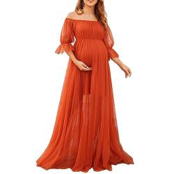 Owegvia Damen Lang Umstandskleid Elegant Schulterfrei Kurzarm Sheer Mesh Tüll Kleid Schwangerschaftskleid für Fotoshooting, Orange/Rot, L von Owegvia