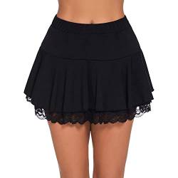 Owegvia Damen Plissee Mini Fairycore Rock A-Form Layered Lace Rüschen Elastischer Bund Floral Lace Kurzer Rock, Schwarz , 36 von Owegvia