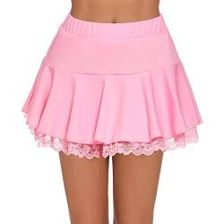 Owegvia Damen Plissee Mini Fairycore Rock A-Form Layered Lace Rüschen Elastischer Bund Floral Lace Kurzer Rock, rose, 48 von Owegvia