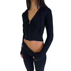 Owegvia Damen Tight Ribbed Knit Outfits 2Pcs Langarm Zip Up Crop Hoodie Sweatshirts hohe Taille weites Bein Skinny Pant Trainingsanzug Set (Schwarz, M) von Owegvia