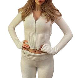 Owegvia Damen Tight Ribbed Knit Outfits 2Pcs Langarm Zip Up Crop Hoodie Sweatshirts hohe Taille weites Bein Skinny Pant Trainingsanzug Set (Weiß, M) von Owegvia