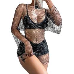 Owegvia Damen Y2k Glänzendes Strass Mesh Kleid Fischnetz Ausschnitt Langarm Kleid für Club Bademode Bikini Cover Up Streetwear, Schwarz , L von Owegvia