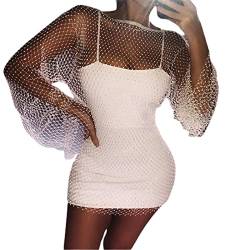 Owegvia Damen Y2k Glänzendes Strass Mesh Kleid Fischnetz Ausschnitt Langarm Kleid für Club Bademode Bikini Cover Up Streetwear, weiß, X-Small von Owegvia