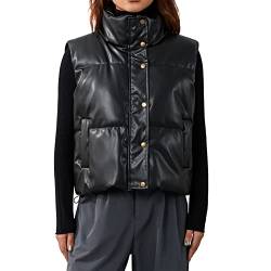 Owegvia Damen gesteppt leichtes Puffer Weste Vintage Kunstleder ärmellose Jacke Weste Reißverschluss Knopf unten Mock-Neck Pu Westen Mantel (Schwarz, L) von Owegvia