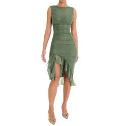 Owegvia Damen rückenfreies Mesh-Kleid mit Rüschen und Quasten Fitted Ärmelloses Floral Fransen Bodycon Kleid Y2k Transparentes Langes Club Partykleid (Graugrün, M) von Owegvia