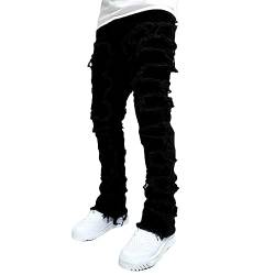 Owegvia Herren Casual Fit Stacked Baggy Jeans Gothic Patch Distressed Destroyed Straight Cargo Denim Punk Pants Streetwear (Black, L) von Owegvia