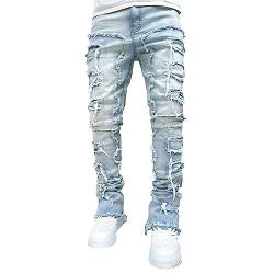 Owegvia Herren Casual Fit Stacked Baggy Jeans Gothic Patch Distressed Destroyed Straight Cargo Denim Punk Pants Streetwear (Light Blue, S) von Owegvia
