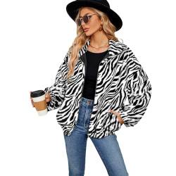 Owegvia Kunstpelz Jacke Damen Karo/Zebra Streifen/Leopard Langarm Reißverschluss Strickjacke Fuzzy Mäntel für Outwear Cropped Jacket (Weißer Zebra-Streifen, S) von Owegvia