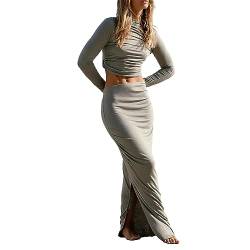 Owegvia Maxi Skirt Sets Women 2 Piece Outfits Backless Long Sleeves Tops And Elastic Slit Long Skirt Set For Streetwear (Gray 01, M) von Owegvia