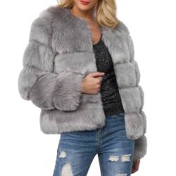 Owegvia Pelzmäntel für Damen Faux Shaggy Kurzmäntel Winter Warm Langarm Offen Vorne Gekürzte Jacken Flauschige Oberbekleidung (Gray, XXXL) von Owegvia