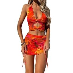 Owegvia Two Piece Skirt Set For Women Sexy Tie-up Halterneck Backless Vest With Drawstring Bodycon Skirt Vacation Beachwear (Orange, M) von Owegvia