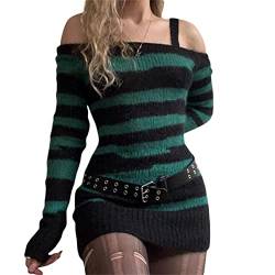 Owegvia Women Gothic Punk Mini Dress Vintage Striped Knit Bodycon Dress Off Shoulder Boat-Neck Long Sleeve Short Dress Street Party (Grün, L) von Owegvia