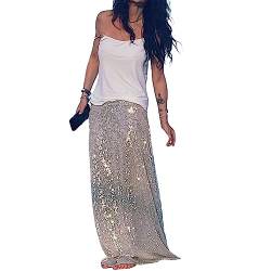 Owegvia Women's 2 Piece Outfit Glitter Long Sleeve Crop Bandeau Crop Top And Maxi Skirt Sparkly Sequin Disco Party Clubwear (Silver Skirt, L) von Owegvia