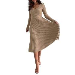 Pullover Kleid für Damen 2023 Elegant Langarm Rundhalsausschnitt Gerippt Stricken Solide Herbst Bodycon Maxi Kleid Streetwear (Khaki 04, S) von Owegvia