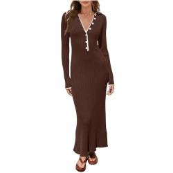 Pullover Kleid für Damen 2023 Elegant Langarm Rundhalsausschnitt Gerippt Stricken Solide Herbst Bodycon Maxi Kleid Streetwear (Q01-Brown, M) von Owegvia