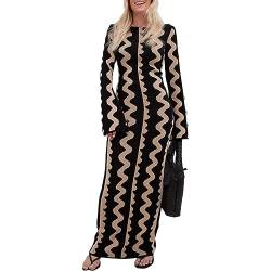 Pullover Kleid für Damen 2023 Elegant Langarm Rundhalsausschnitt Gerippt Stricken Solide Herbst Bodycon Maxi Kleid Streetwear (Q03-Black, L) von Owegvia