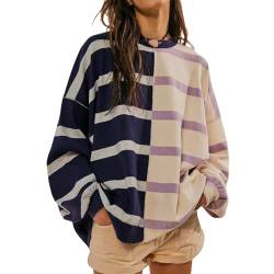 Striped Sweatshirt for Women Trendy Oversized Sweatshirts Pullover Stripe Print Long Sleeve Round Neck Gothic Tops (Blue Champagne, S) von Owegvia