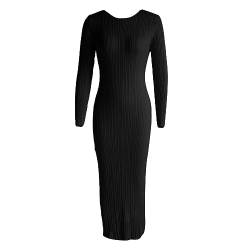Sweater Dress for Women 2023 Elegant Long Sleeve Crew Neck Ribbed Knit Solid Fall Bodycon Maxi Dress Streetwear (Black 02, L) von Owegvia
