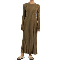 Sweater Dress for Women 2023 Elegant Long Sleeve Crew Neck Ribbed Knit Solid Fall Bodycon Maxi Dress Streetwear (Camel 01, L) von Owegvia