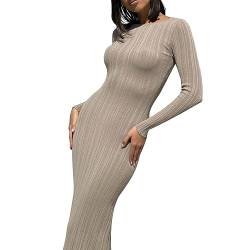 Sweater Dress for Women 2023 Elegant Long Sleeve Crew Neck Ribbed Knit Solid Fall Bodycon Maxi Dress Streetwear (Dark Apricot, M) von Owegvia
